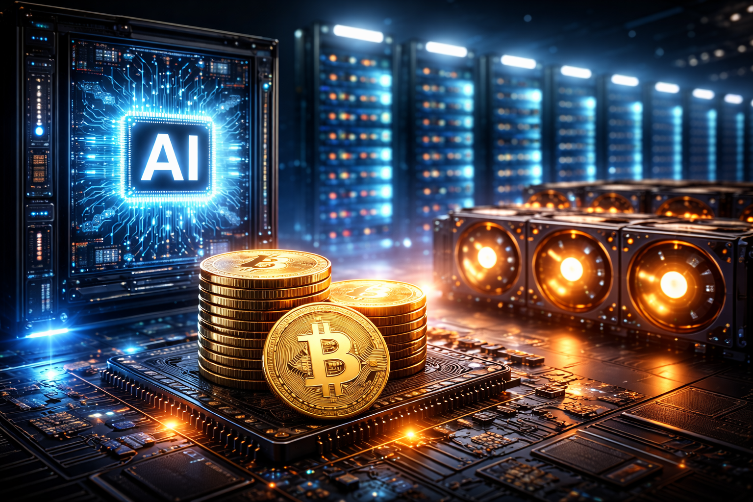 Photorealistic image of stacked Bitcoin coins on a circuit board inside a high-tech data center, with glowing server racks and advanced computing hardware in the background.