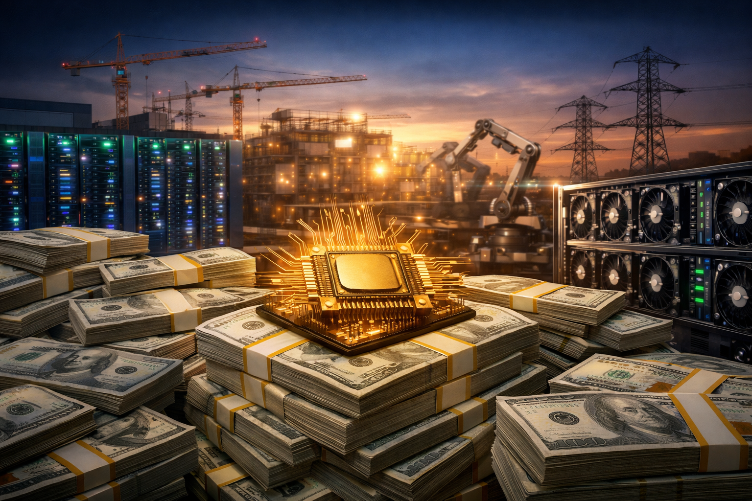 Stacks of U.S. dollar bills surrounding a glowing computer chip, with data centers, industrial robots, power lines, and construction cranes in the background.