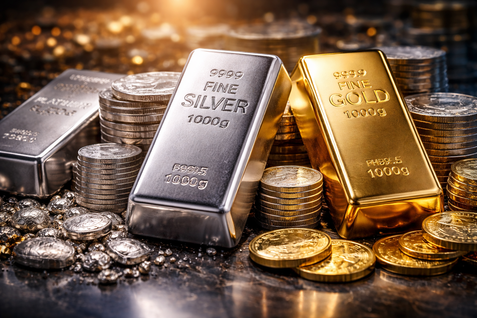 Silver, gold, and platinum bars surrounded by stacks of coins and metallic nuggets under dramatic lighting.