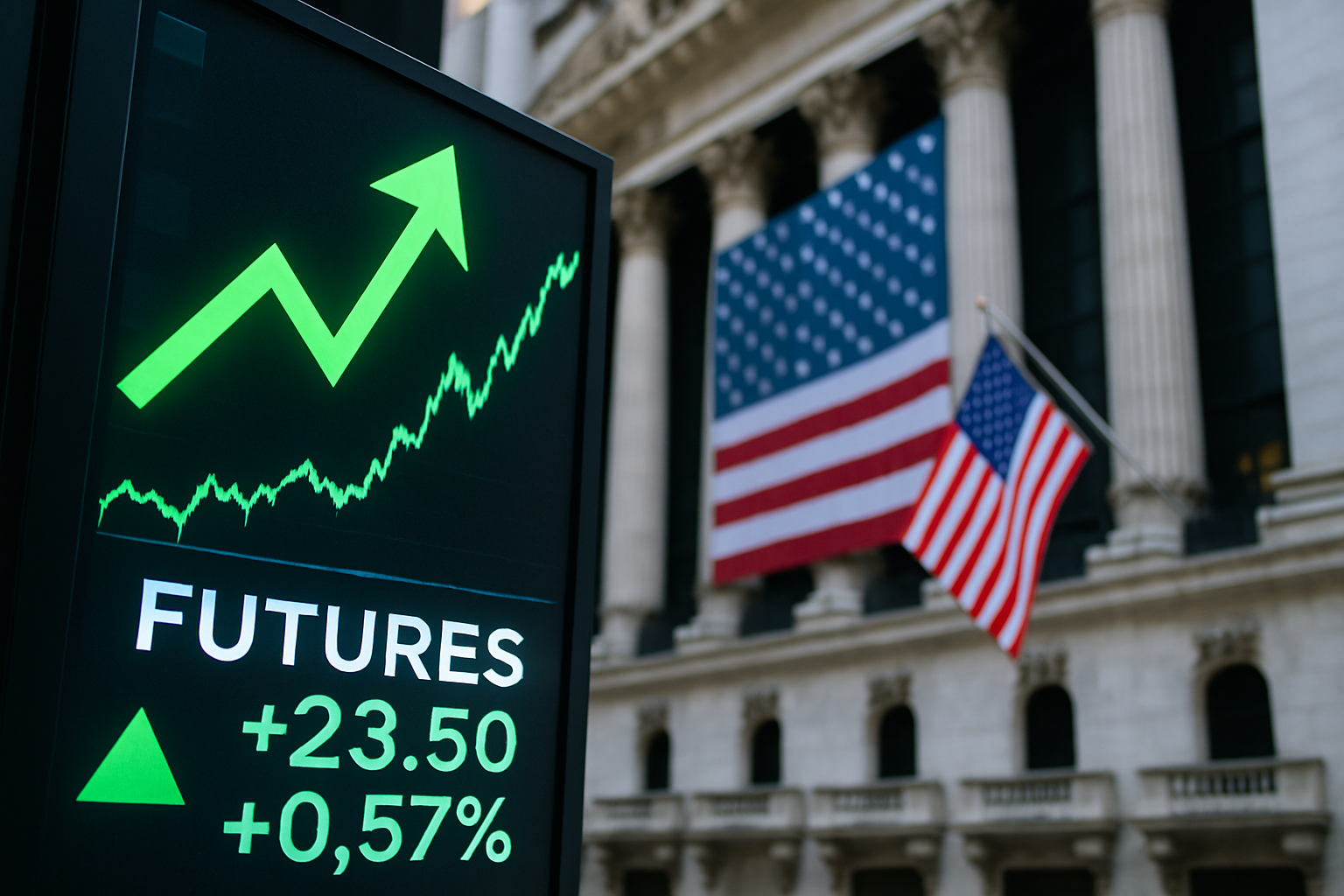 Photorealistic display showing an upward-trending futures chart with a green arrow, set against the blurred exterior of the New York Stock Exchange and U.S. flags.