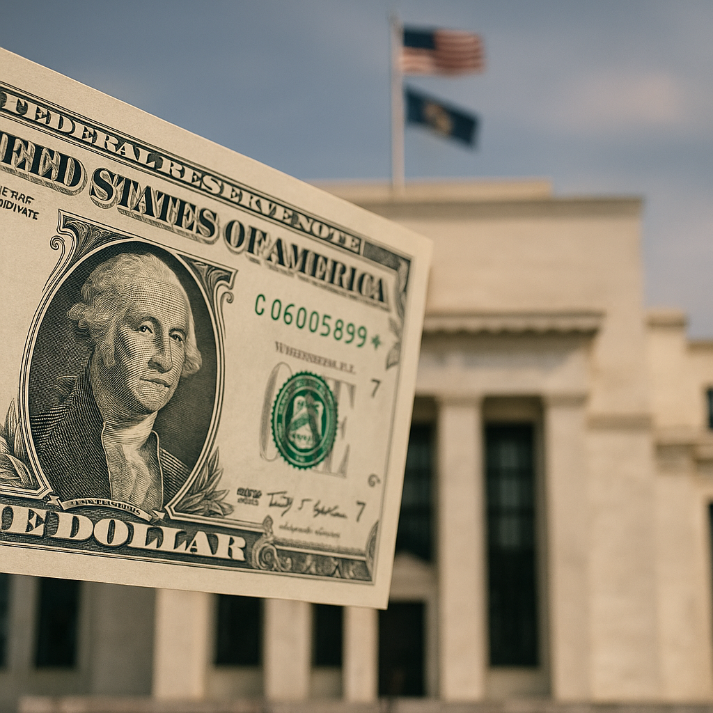 Photorealistic close-up of a U.S. dollar bill held in front of the Federal Reserve building with American flags waving in the background.