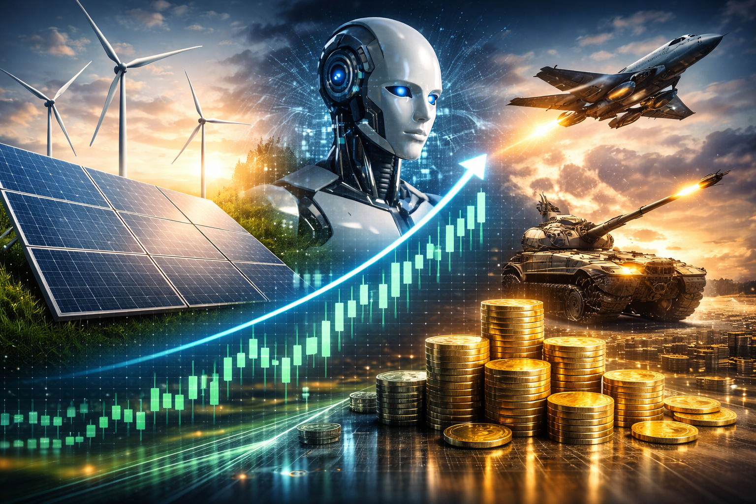 Photorealistic composite showing solar panels and wind turbines, an advanced humanoid robot, military aircraft and armored vehicles, rising market charts, and stacked coins symbolizing strong global equity performance.