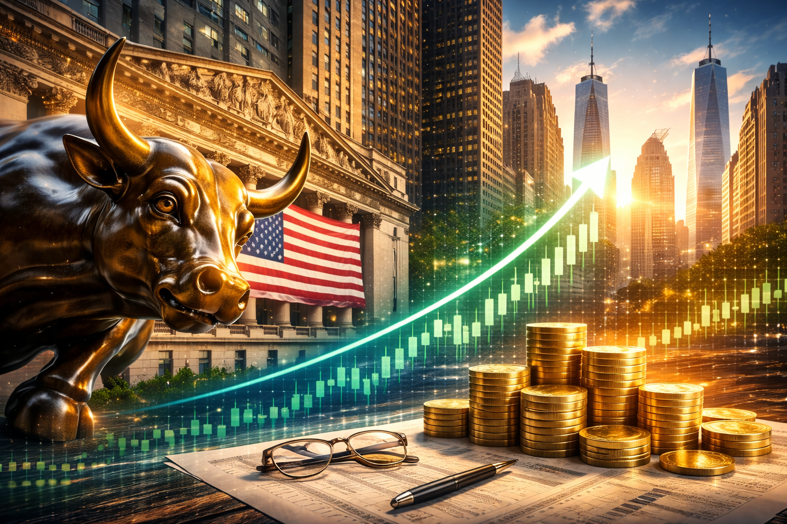 Photorealistic scene of the Wall Street bull statue near the New York Stock Exchange, rising financial charts, stacked coins, and a sunlit city skyline symbolizing optimism for U.S. equity markets.
