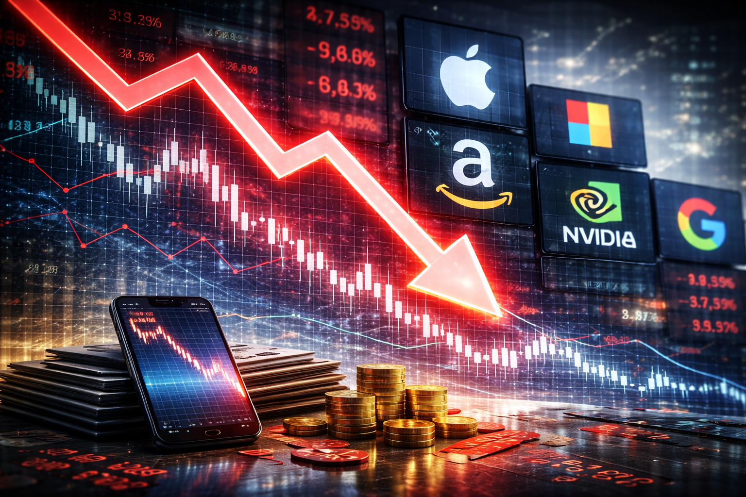 Photorealistic scene showing declining market charts alongside major technology company symbols, digital trading screens, stacked coins, and mobile devices, representing a year-end pullback in technology stocks.