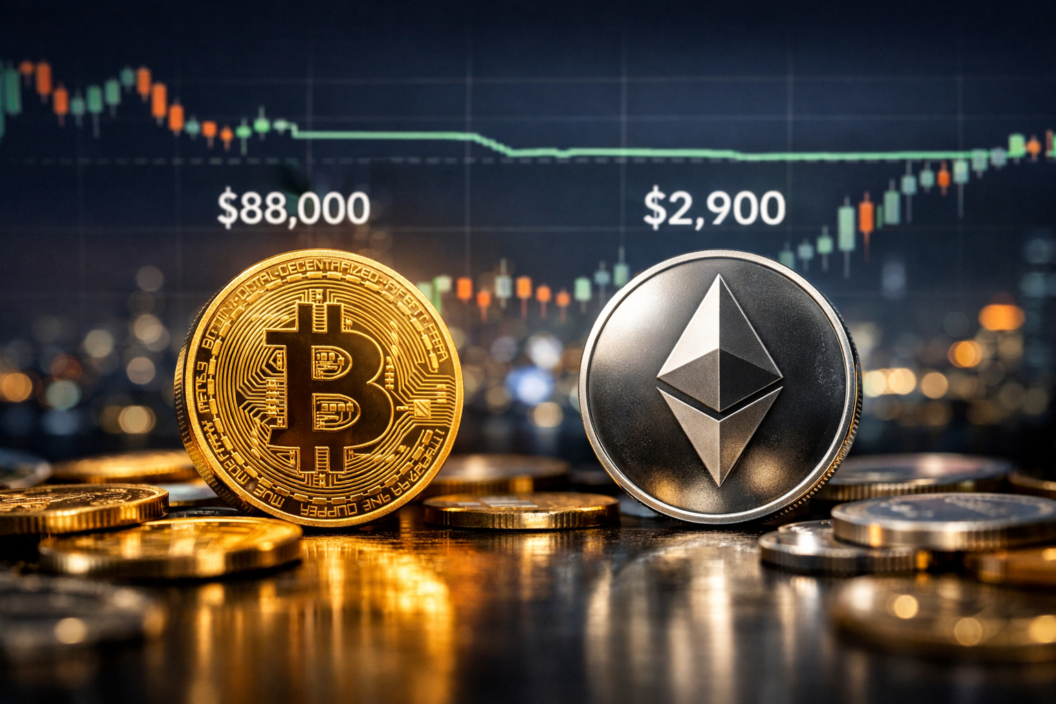 Photorealistic Bitcoin and Ethereum coins resting on a reflective surface with a softly blurred financial market background, suggesting a period of price consolidation.