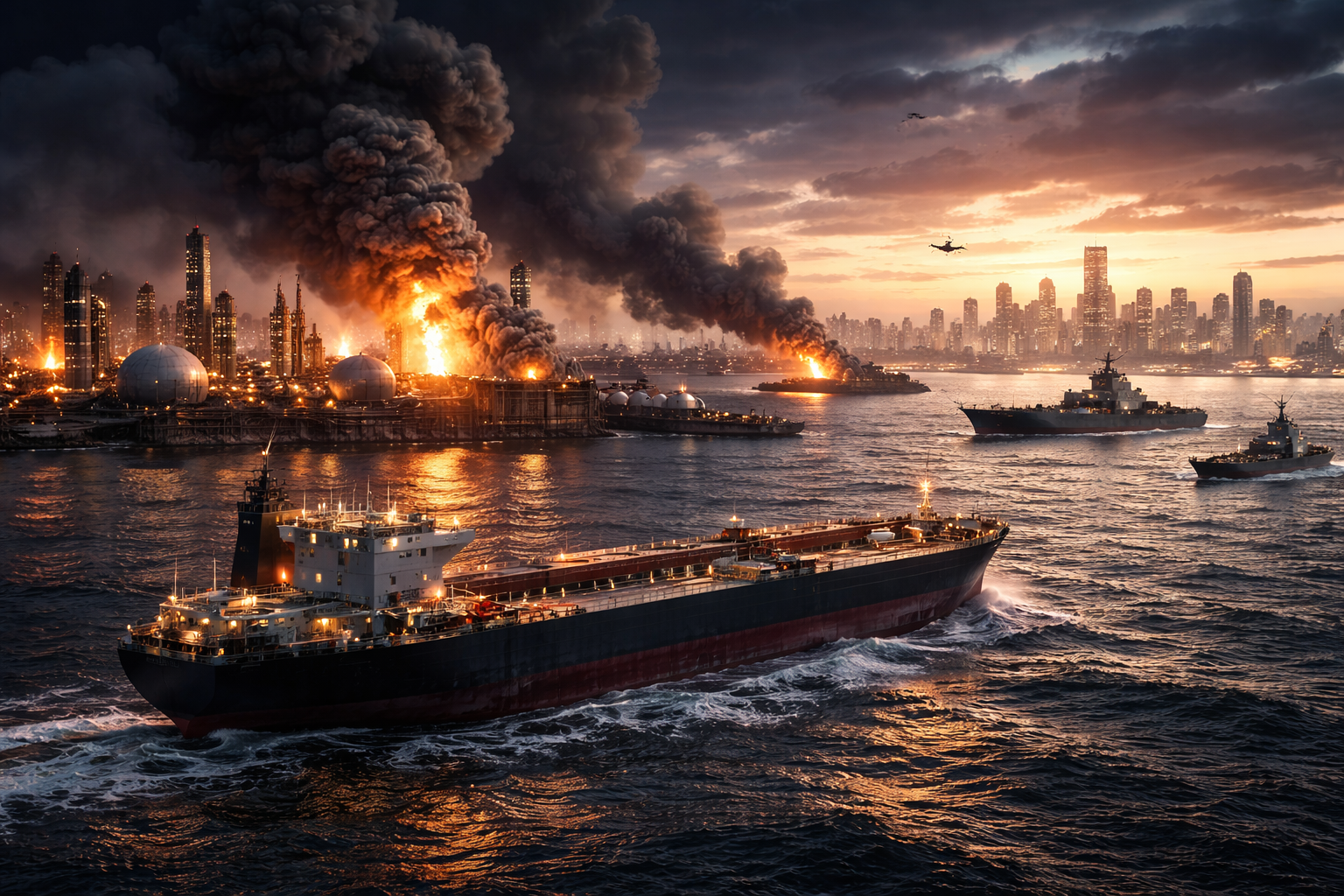 A close-up of an oil barrel and refinery piping in the foreground with a blurred world map and volatile market screens in the background.