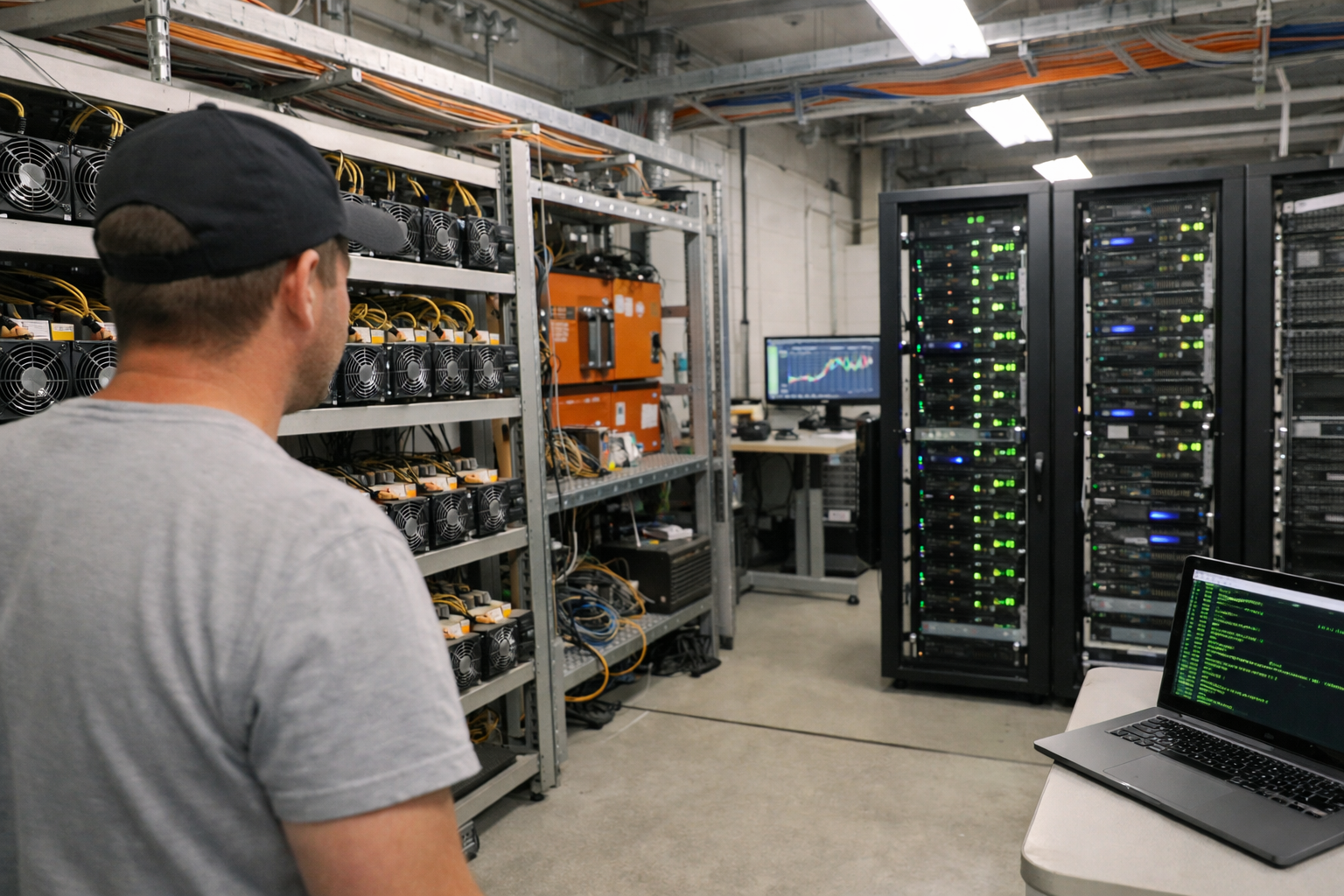 Technician in a modern data center looking toward bitcoin mining rigs on the left and server racks for AI/HPC workloads on the right, with market chart screens in the background.
