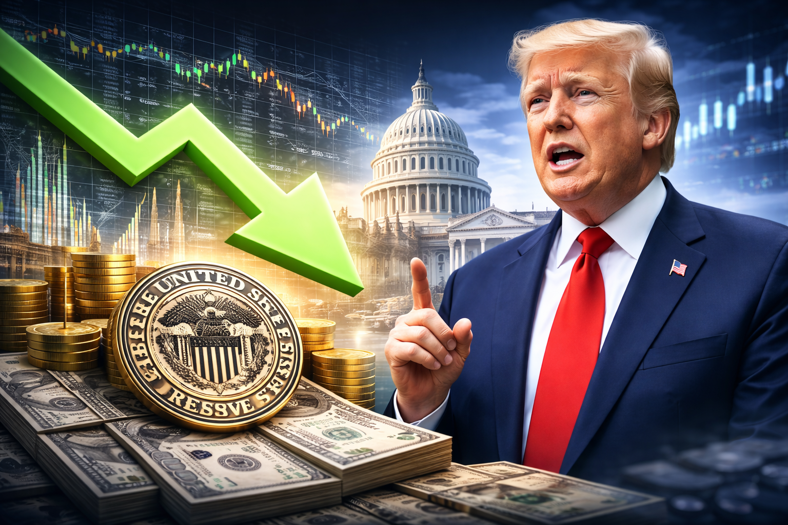Photorealistic composite showing Donald Trump speaking in the foreground with the U.S. Capitol behind him, a downward interest-rate arrow over financial market charts, and money and a central-bank emblem in the lower frame.