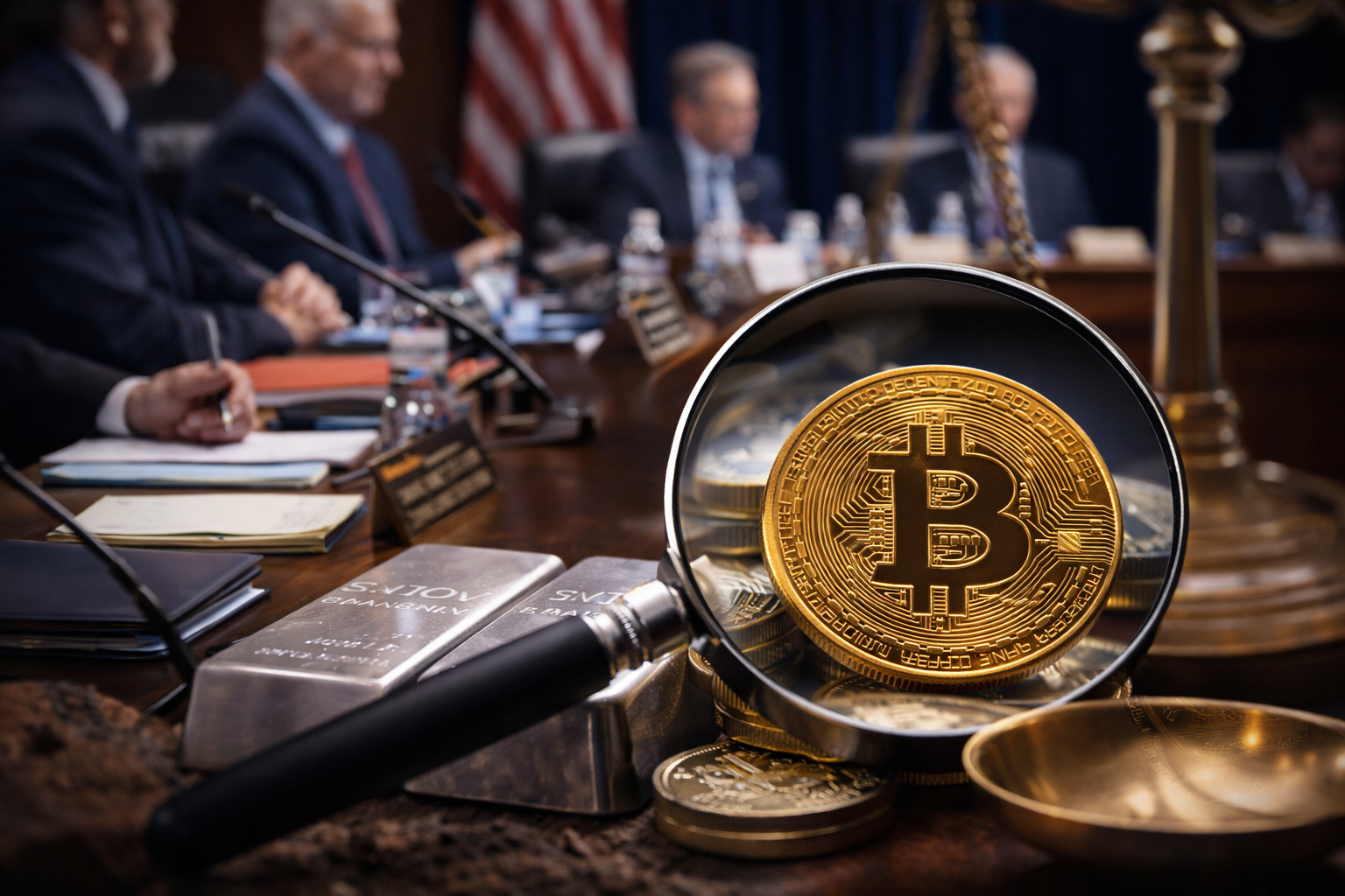 A magnifying glass focuses on a bitcoin coin in the foreground while government officials sit blurred at a conference table in the background.