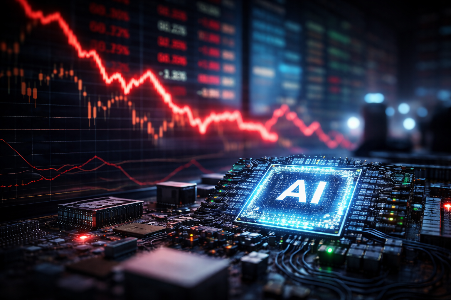 A glowing computer chip on a circuit board in the foreground with a red downward-trending market chart blurred in the background.