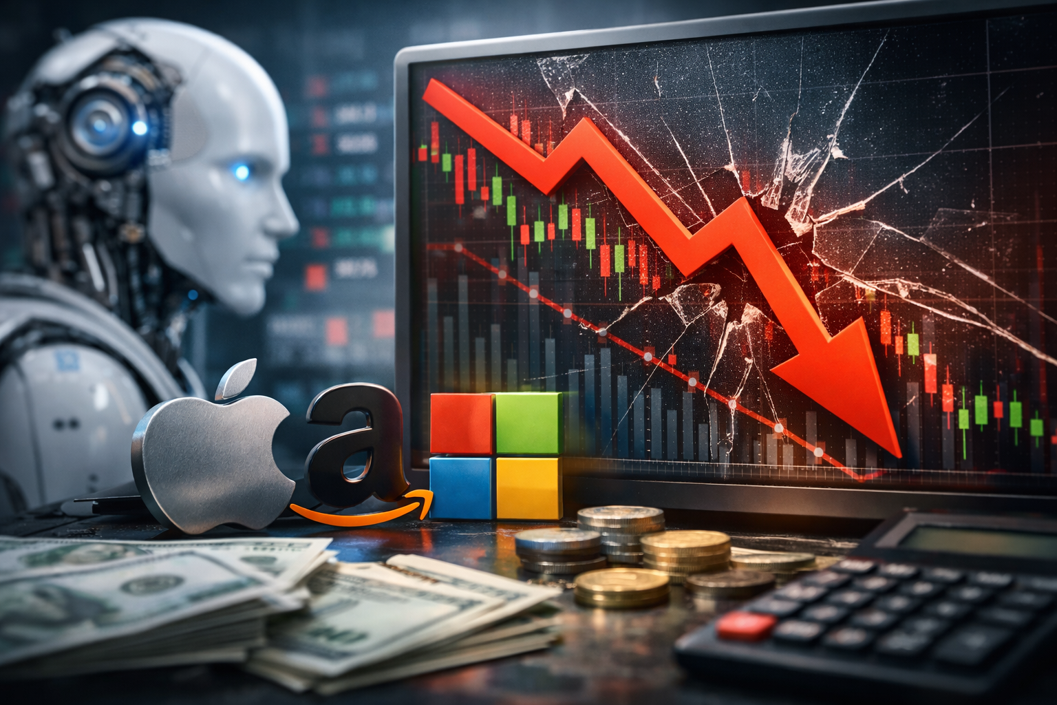 Photorealistic scene of a humanoid robot beside a monitor showing a sharply falling red market arrow over candlestick charts, with big tech brand symbols, cash, coins, and a calculator in the foreground.