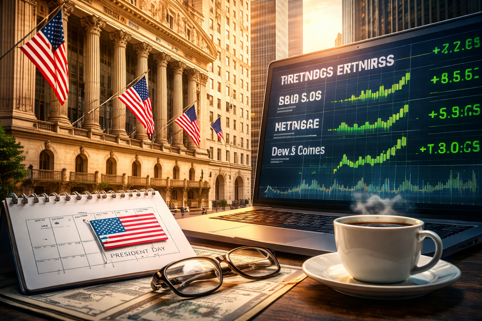 Photorealistic view of the New York Stock Exchange with American flags, seen behind a desk holding a laptop with rising market charts, a steaming coffee cup, eyeglasses, and a small desk calendar marked for Presidents Day.