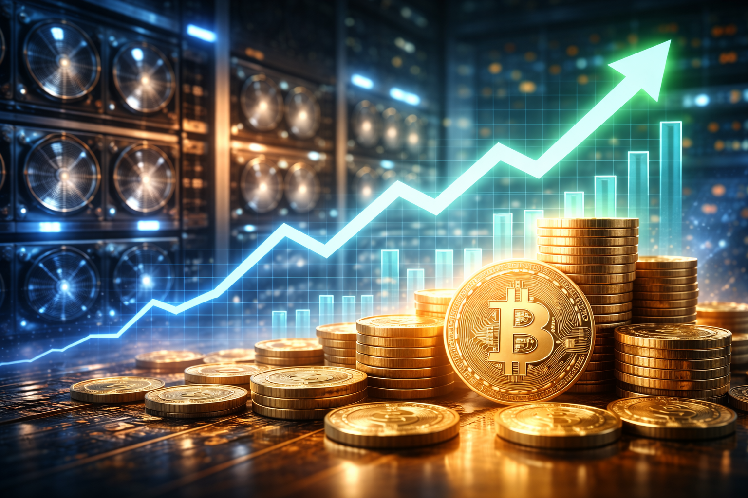 Photorealistic scene of a crypto mining facility with rows of server-like mining rigs and cooling fans, stacks of gold bitcoin coins in the foreground, and an upward-trending chart graphic suggesting revenue and margin growth.