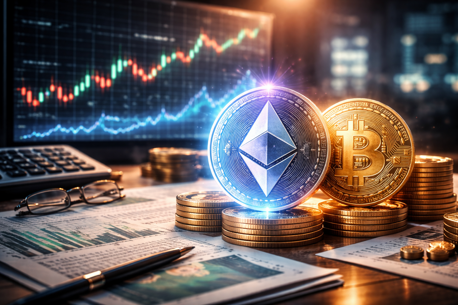 Photorealistic close-up of physical Ethereum and Bitcoin coins on stacks of coins atop financial papers, with charts and a market screen in the background and the Ethereum coin emphasized in the foreground under dramatic lighting.