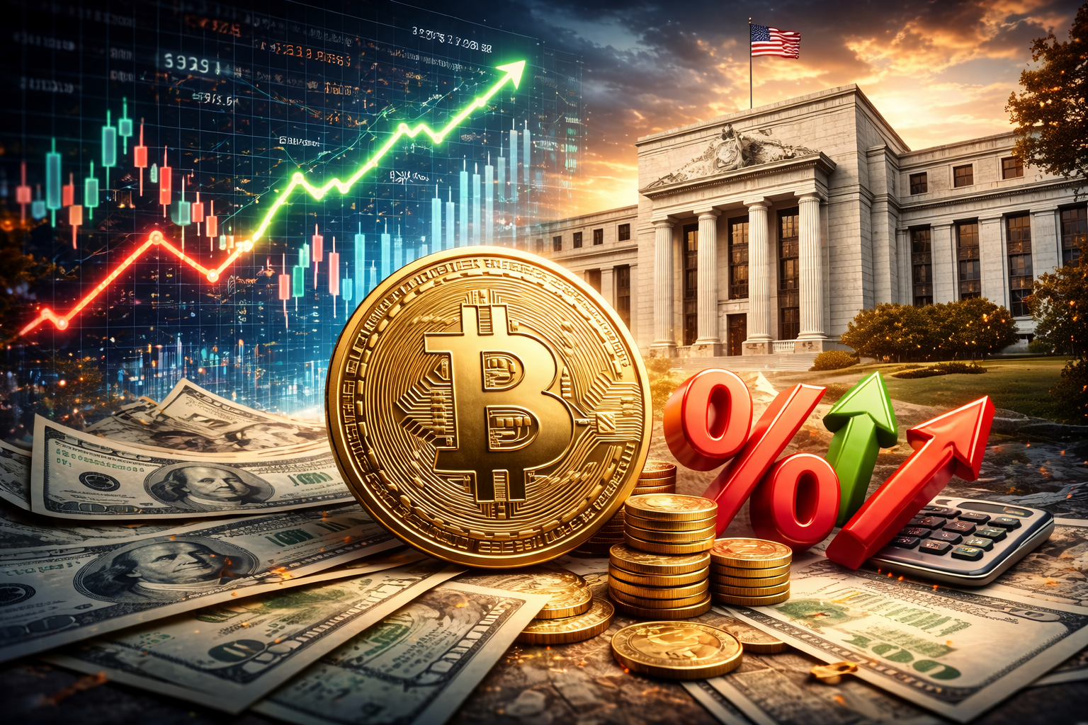 Photorealistic composite showing a large Bitcoin coin resting on U.S. dollar bills with a Federal Reserve-style building in the background, a glowing market chart overlay, and interest-rate symbols—illustrating crypto’s sensitivity to rate expectations.