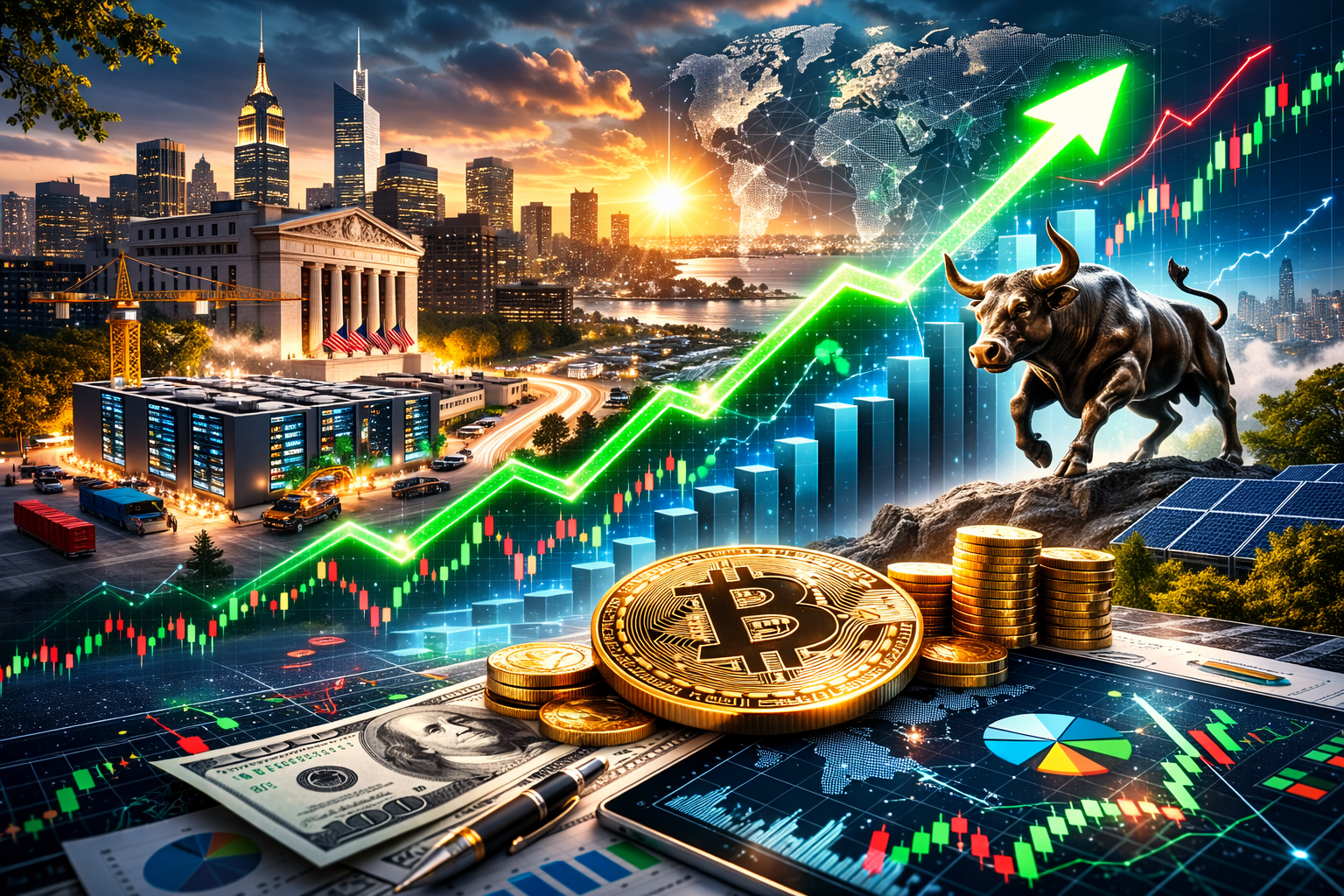 Photorealistic composite of a charging bull statue against a sunrise city skyline with global map overlay, upward-trending market graphics, stacked coins and dollar bills, and subtle tech-infrastructure cues—symbolizing a broad stock-market rally and renewed risk appetite.