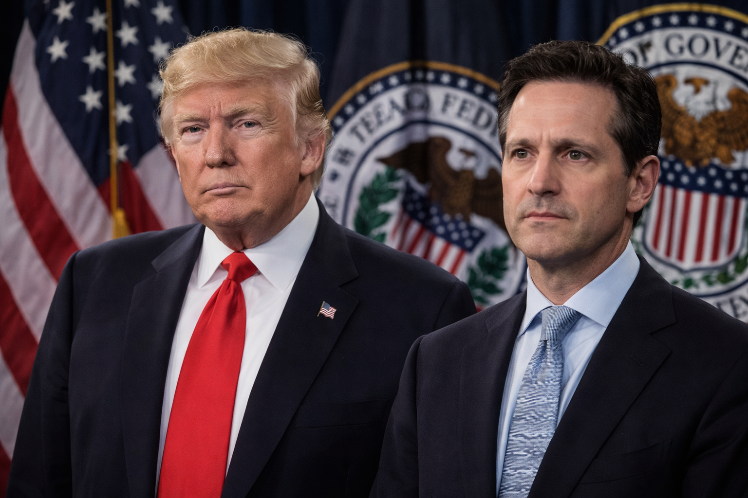 Photorealistic image of Donald Trump and Kevin Warsh in dark suits standing in front of U.S. flags, with a blurred Federal Reserve-style seal in the background.