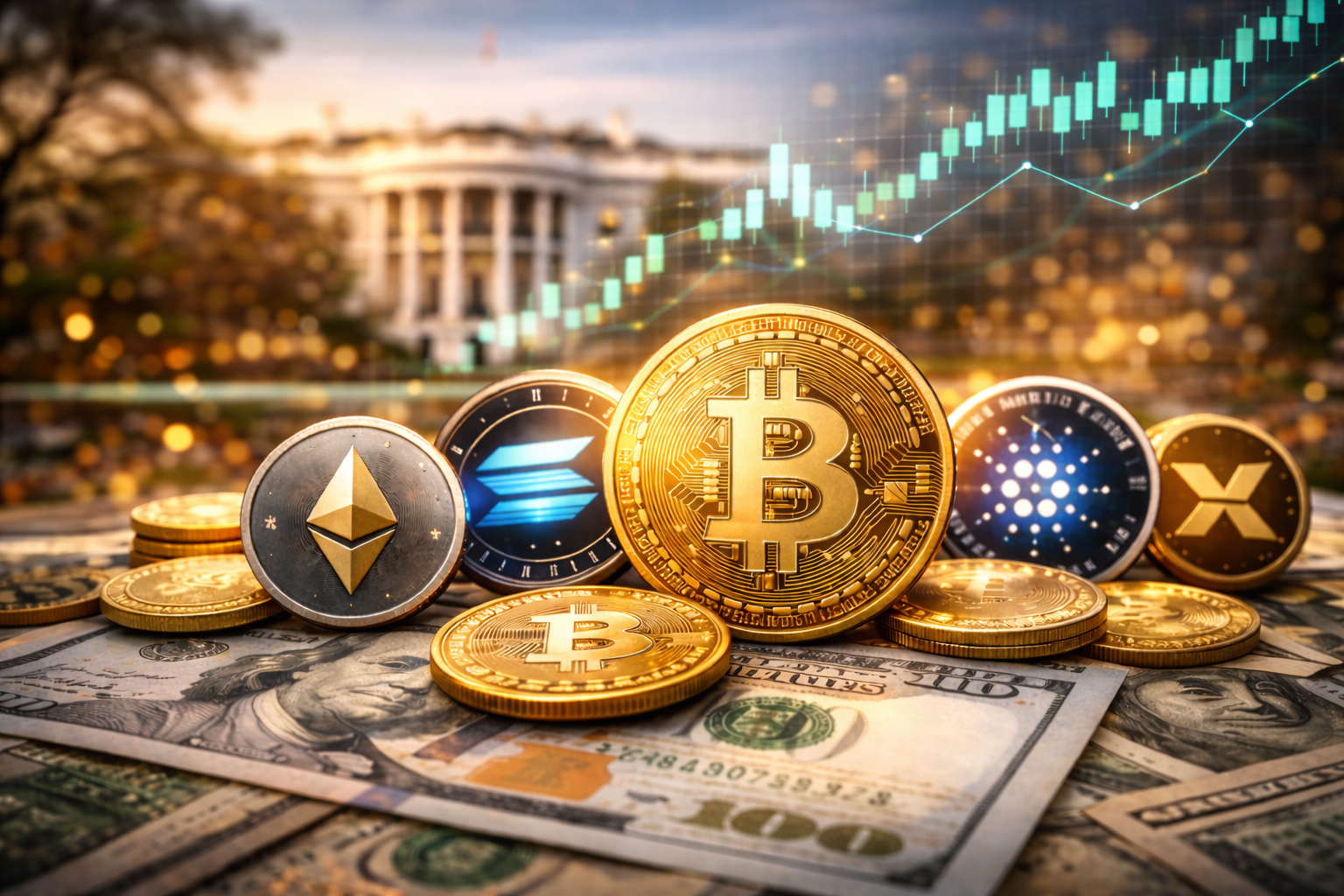 Photorealistic close-up of a gold Bitcoin coin surrounded by several altcoin coins on scattered U.S. dollar bills, with the White House softly blurred in the background and a faint upward market-chart glow in the sky area.