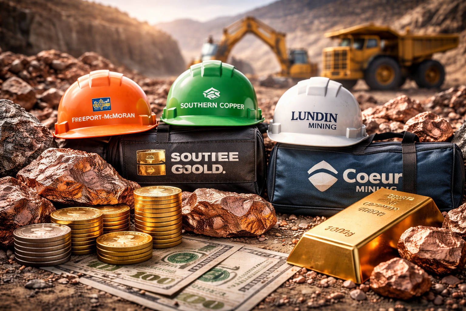 Photorealistic scene at an open-pit mine with copper rocks and a gold bar in the foreground, stacks of coins and U.S. dollar bills on the ground, and mining helmets and equipment bags arranged near heavy trucks and an excavator in the background.