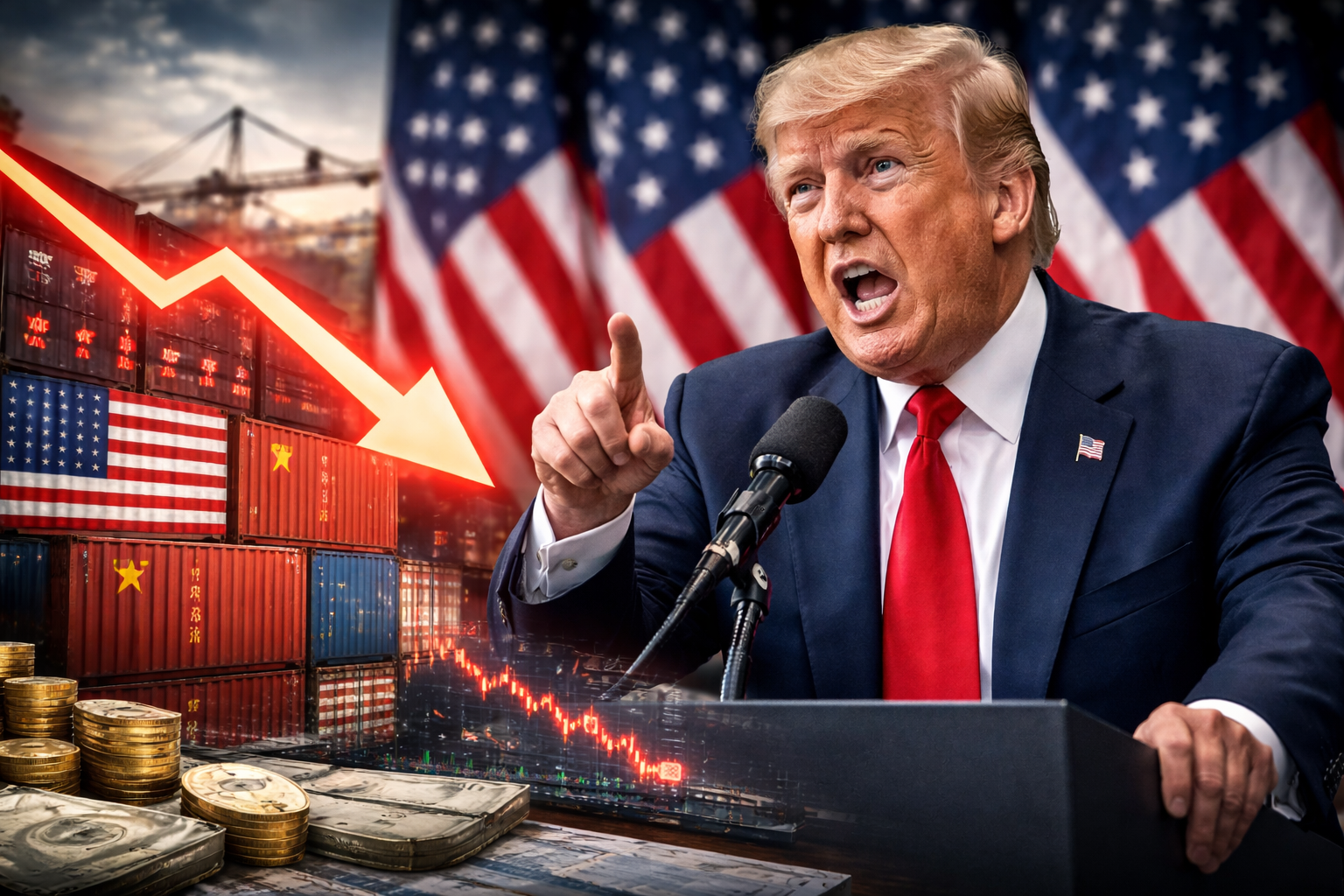 Photorealistic scene of Donald Trump speaking at a podium with U.S. flags behind him, shipping containers in the background, and a dramatic downward market trend graphic suggesting investor unease.