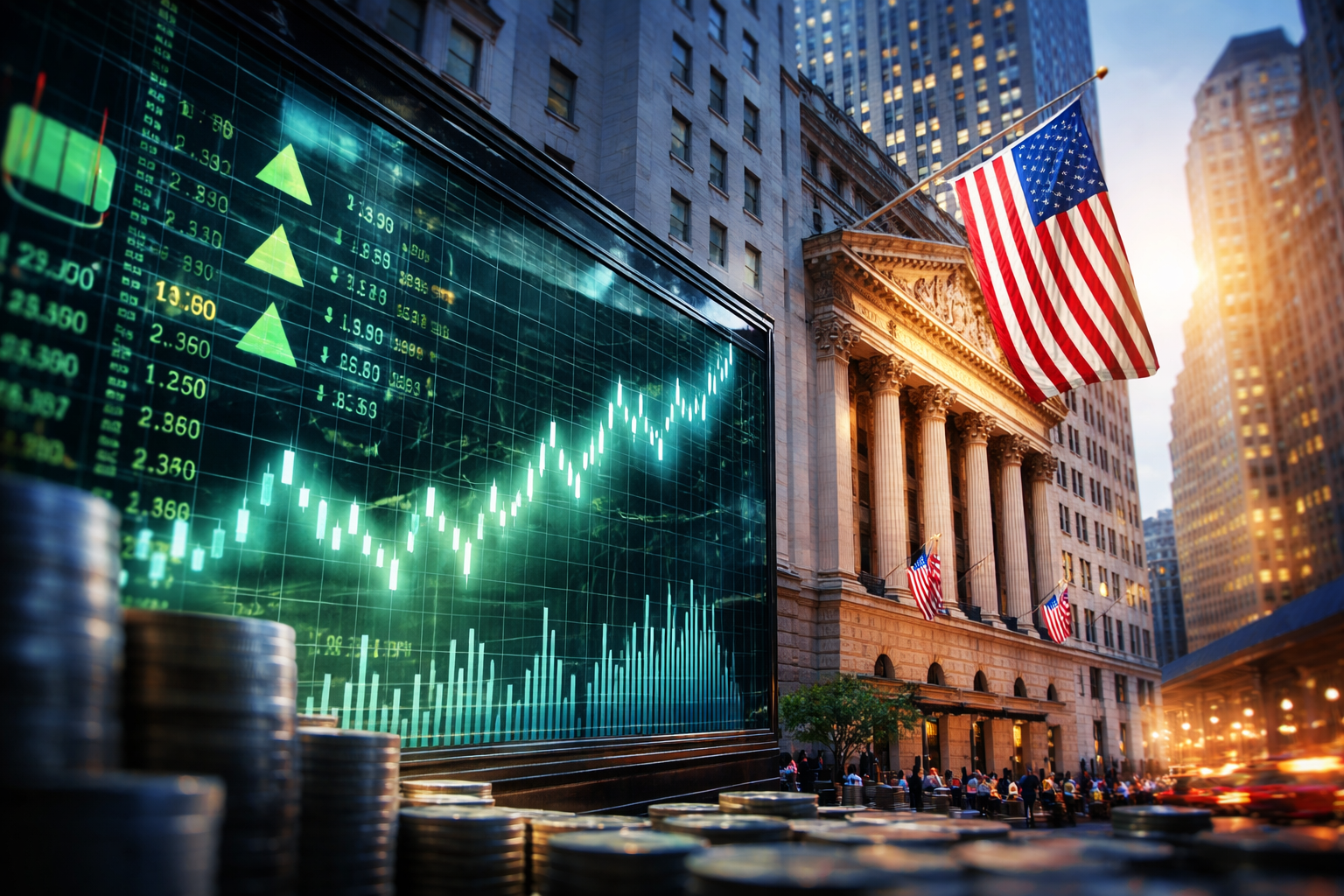 Photorealistic view of the New York Stock Exchange on Wall Street with a large U.S. flag and a glowing green market chart display in the foreground.