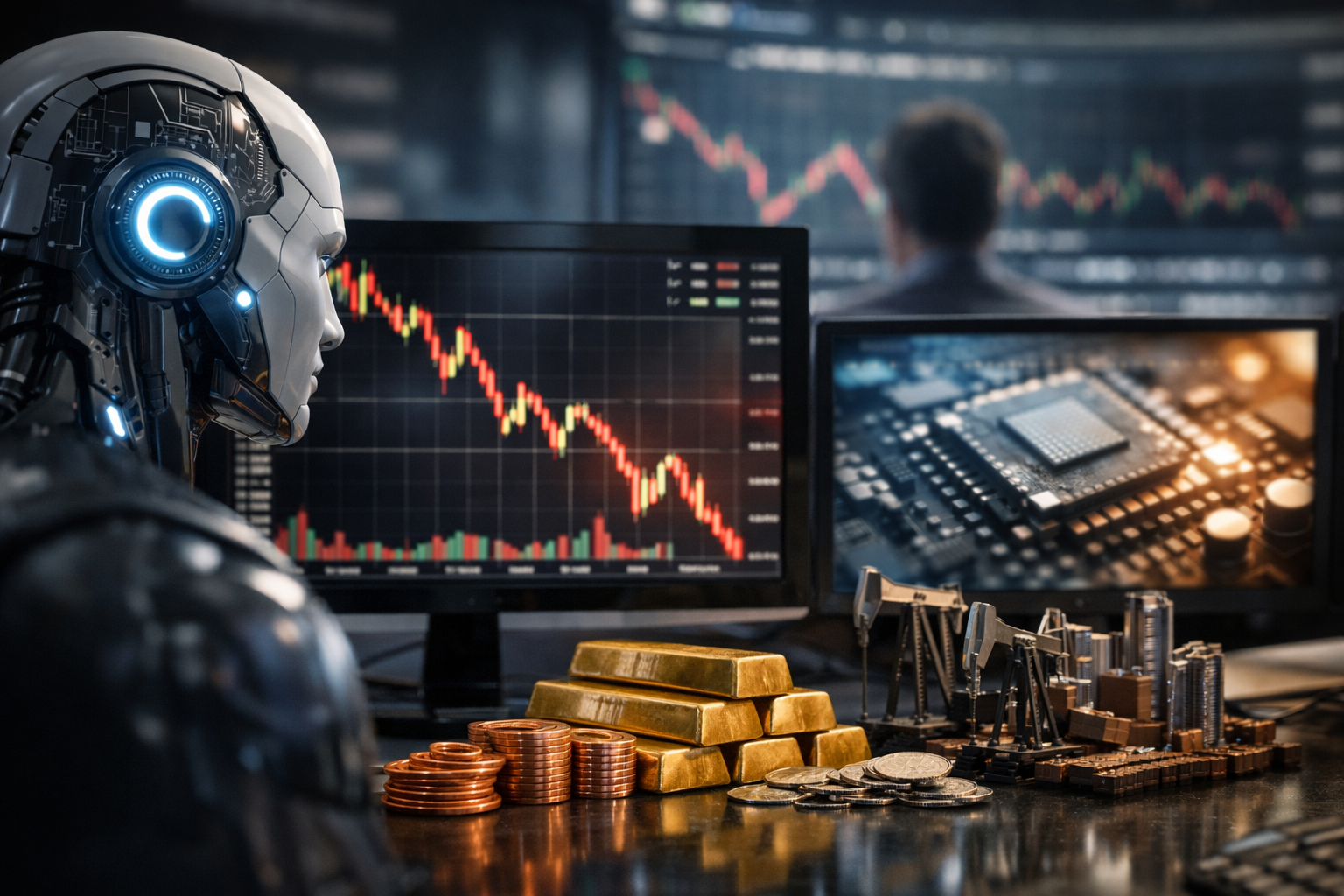Photorealistic trading-desk scene with a futuristic AI robot head facing market monitors showing a sharp downward candlestick trend, alongside visible computer chips and stacked gold and coins.