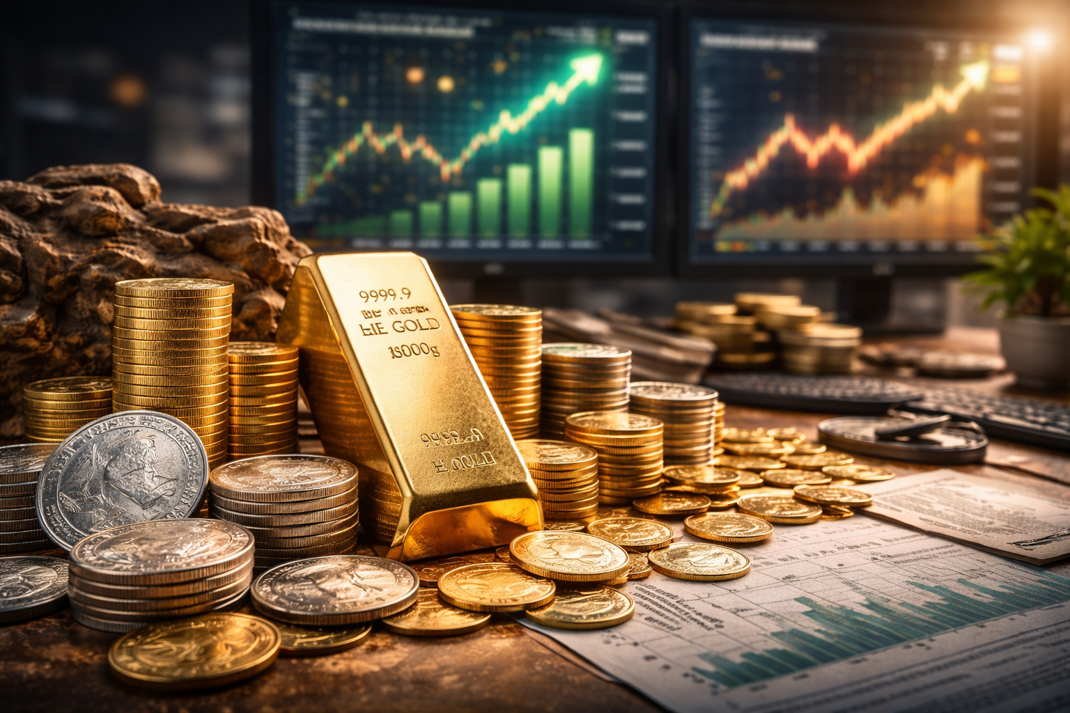 Photorealistic close-up of a gold bar surrounded by stacks of gold and silver coins on a desk, with blurred financial charts and a magnifying glass in the background under warm, balanced lighting.