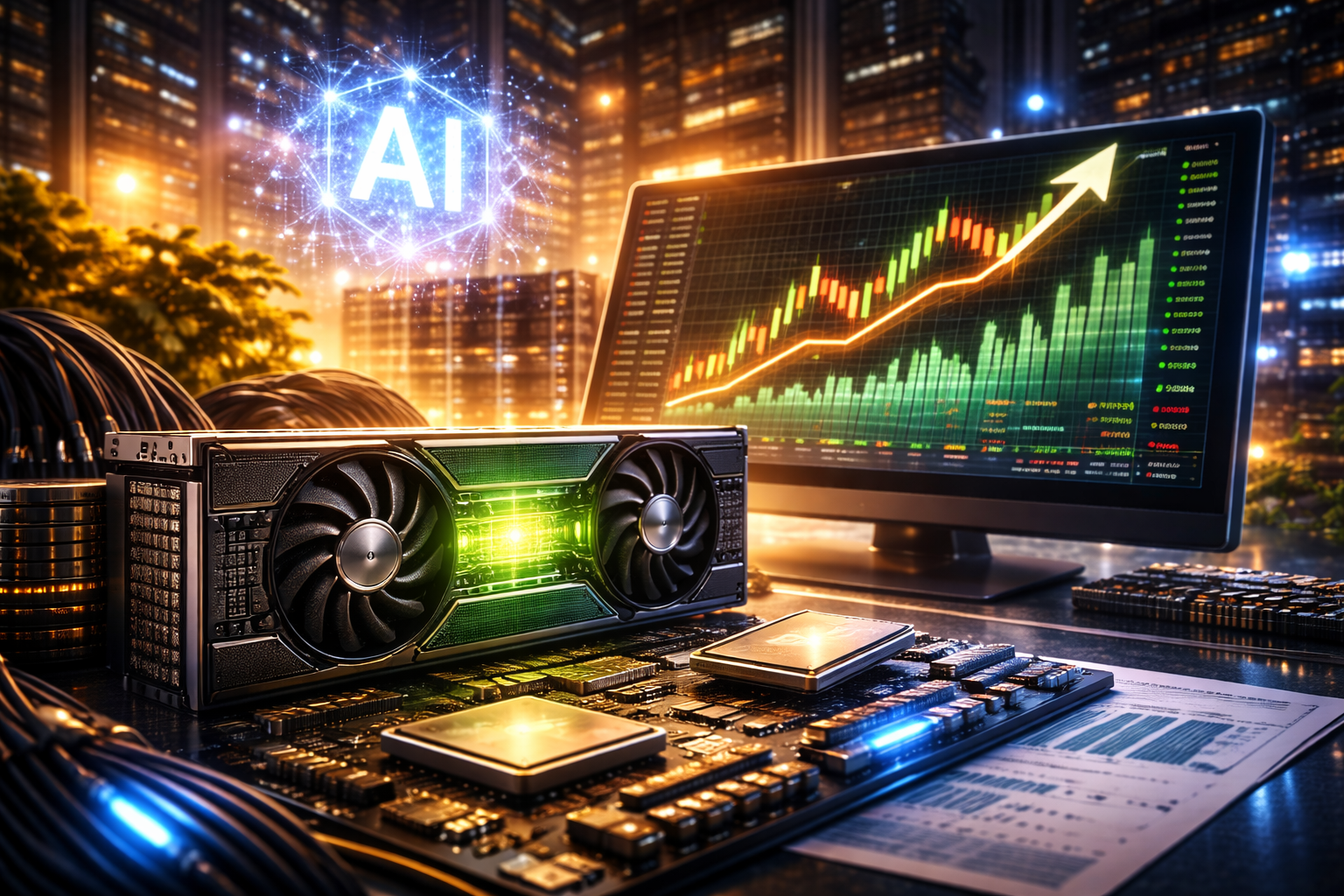 Photorealistic scene of a high-performance graphics card and computer chips in the foreground, with a large trading monitor showing a rising market chart and a glowing AI-themed graphic above a city-lit data center backdrop.