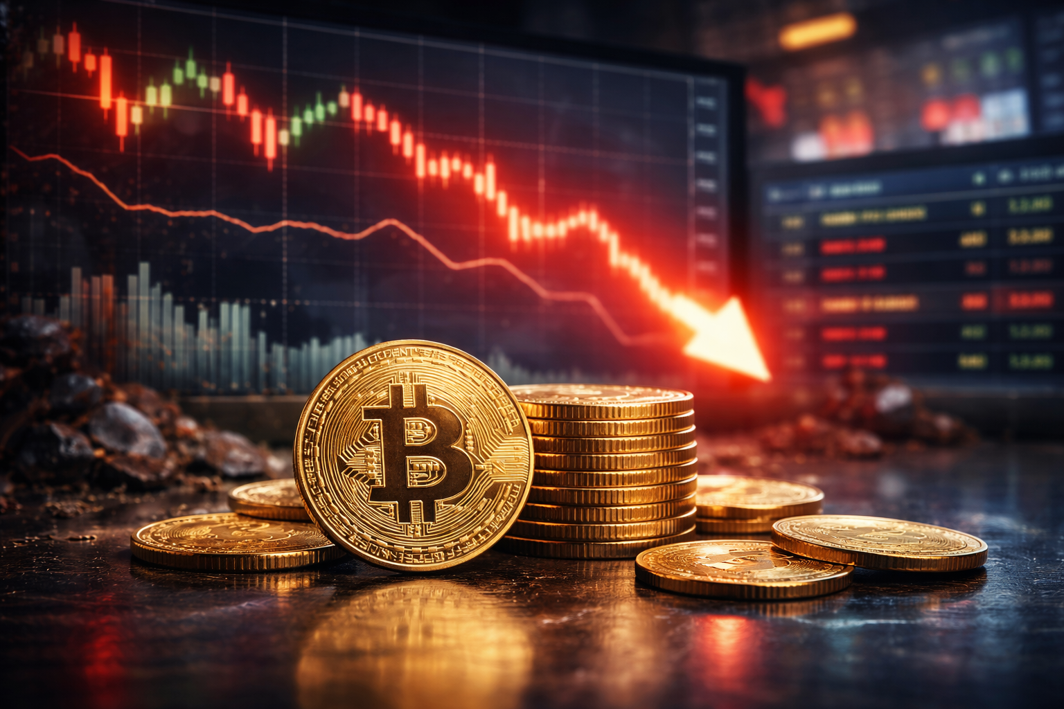 Close-up of stacked bitcoin-themed gold coins on a reflective surface, with blurred market screens behind showing falling candlestick charts and a bright downward arrow.
