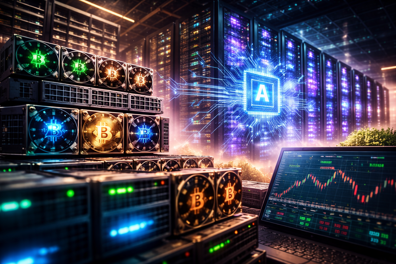 Photorealistic wide-angle view inside a data-center hall where crypto mining rigs sit alongside modern AI server racks, with a trading terminal screen in the foreground.