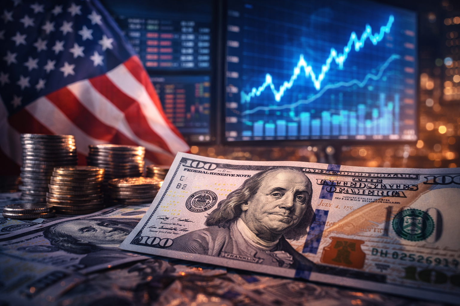 Photorealistic close-up of a U.S. $100 bill with stacks of coins, a softly draped American flag in the background, and blurred financial charts showing an upward trend.