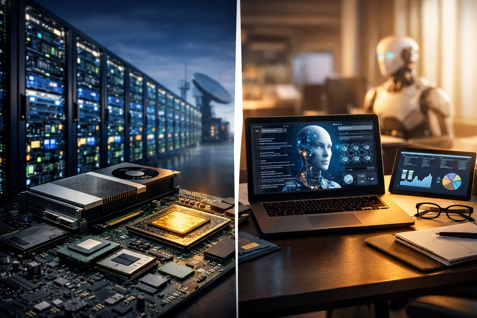 Split-scene image showing AI infrastructure hardware—server racks, a GPU, and a glowing semiconductor—contrasted with an office setup featuring a laptop and analytics screen, suggesting the divide between AI hardware and software.
