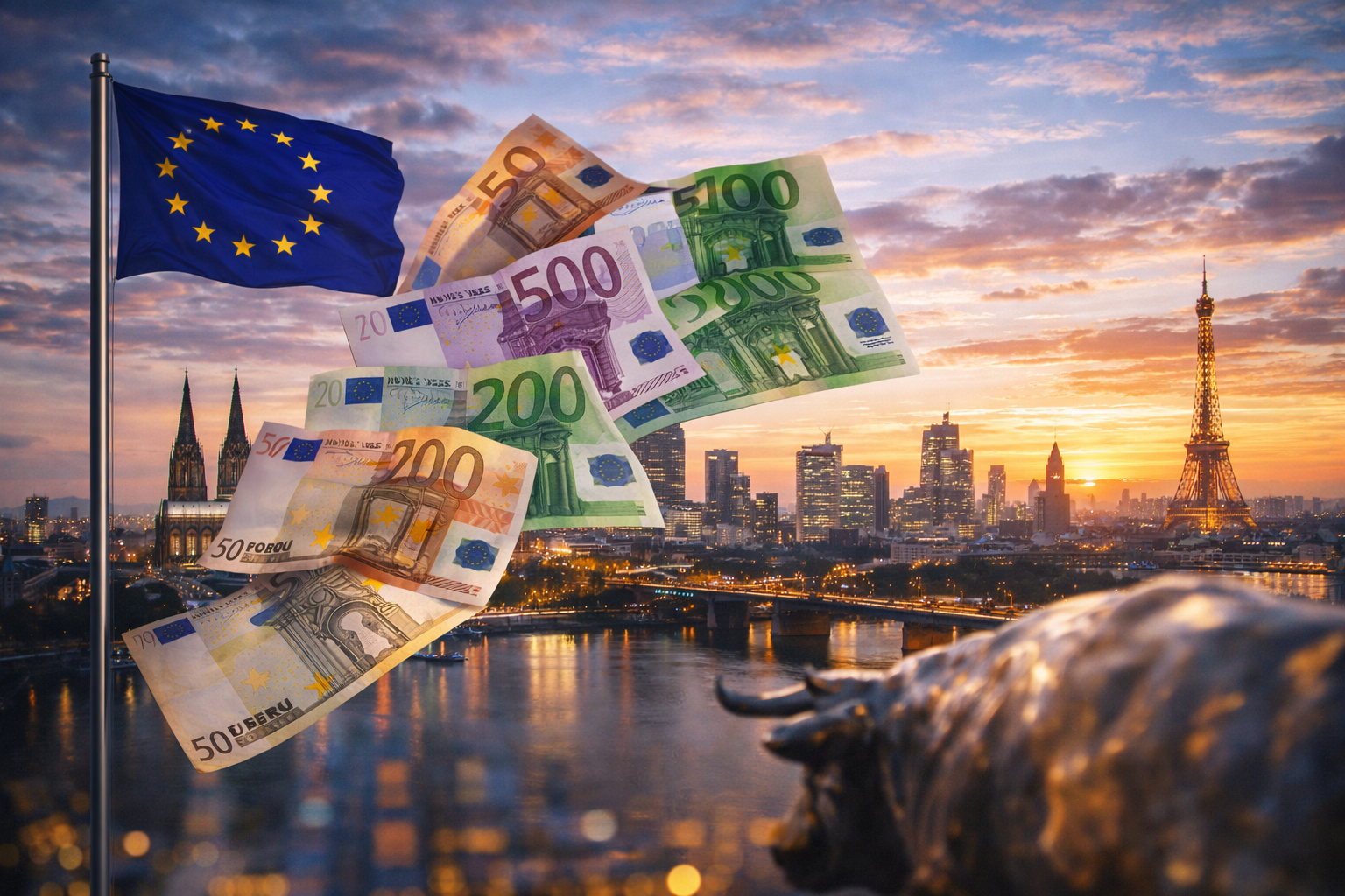EU flag and floating euro banknotes in the foreground with a European skyline at sunset and a subtle bull statue, suggesting rising investor confidence in Europe.