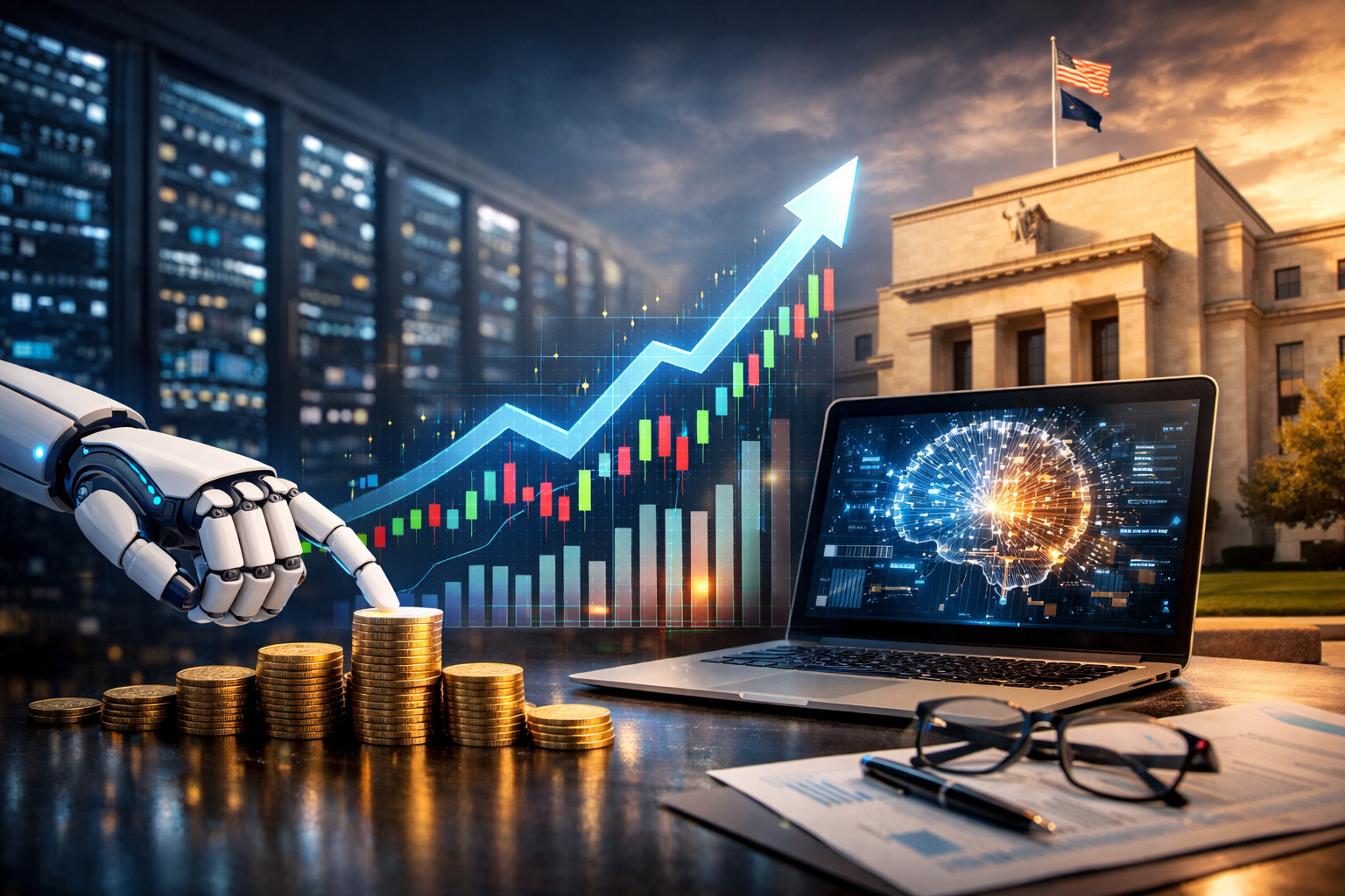 Photorealistic scene showing AI data center servers, a rising financial chart, and advanced computing hardware symbolizing artificial intelligence investment driving future market growth.