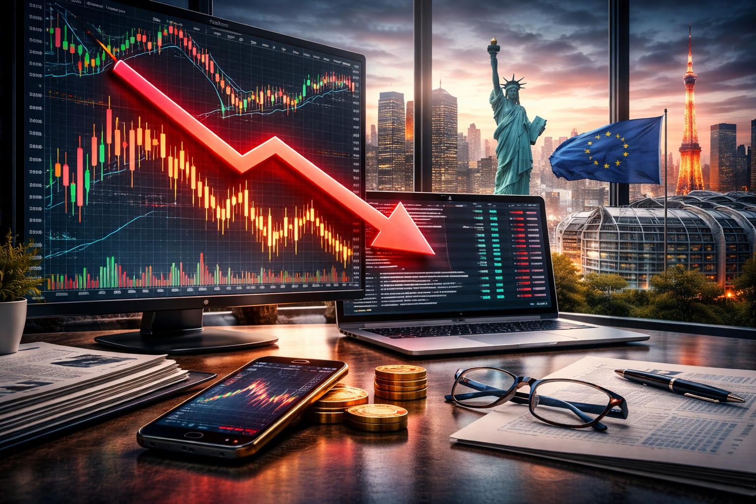 Photorealistic image of global stock market trading screens showing mixed performance, with international landmarks visible through large windows, symbolizing uncertainty in global equity markets.