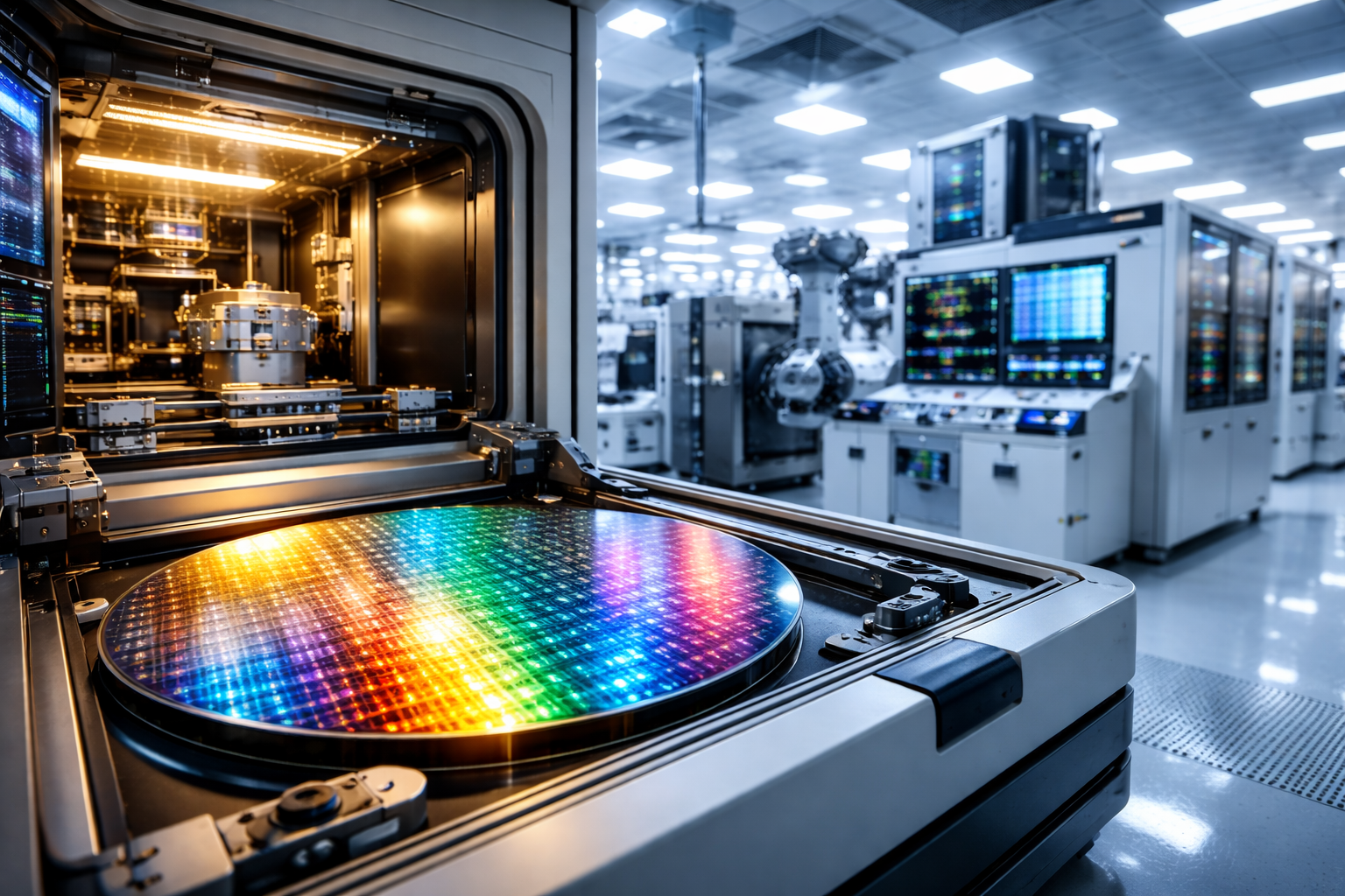 Photorealistic image of advanced semiconductor manufacturing equipment inside a cleanroom, with colorful silicon wafers and robotic machinery symbolizing a stable chip supply chain.