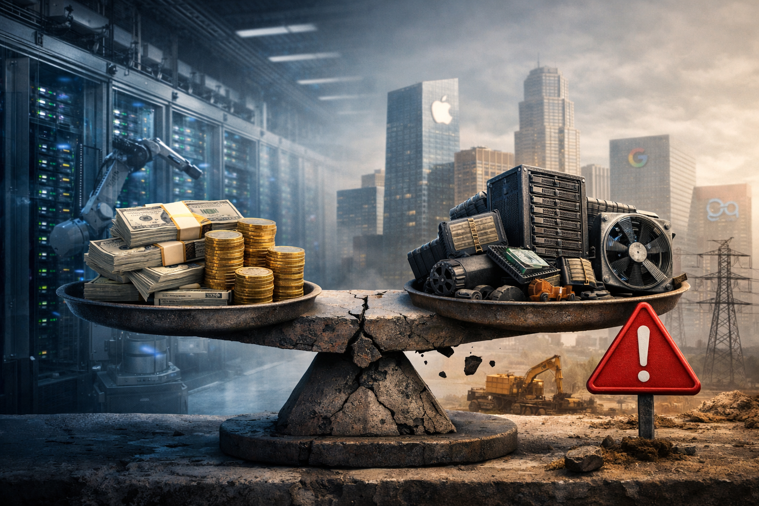 A cracked balance scale in front of a modern data center and city skyline, weighing stacks of cash against heavy computing hardware and cooling equipment under a cloudy sky.