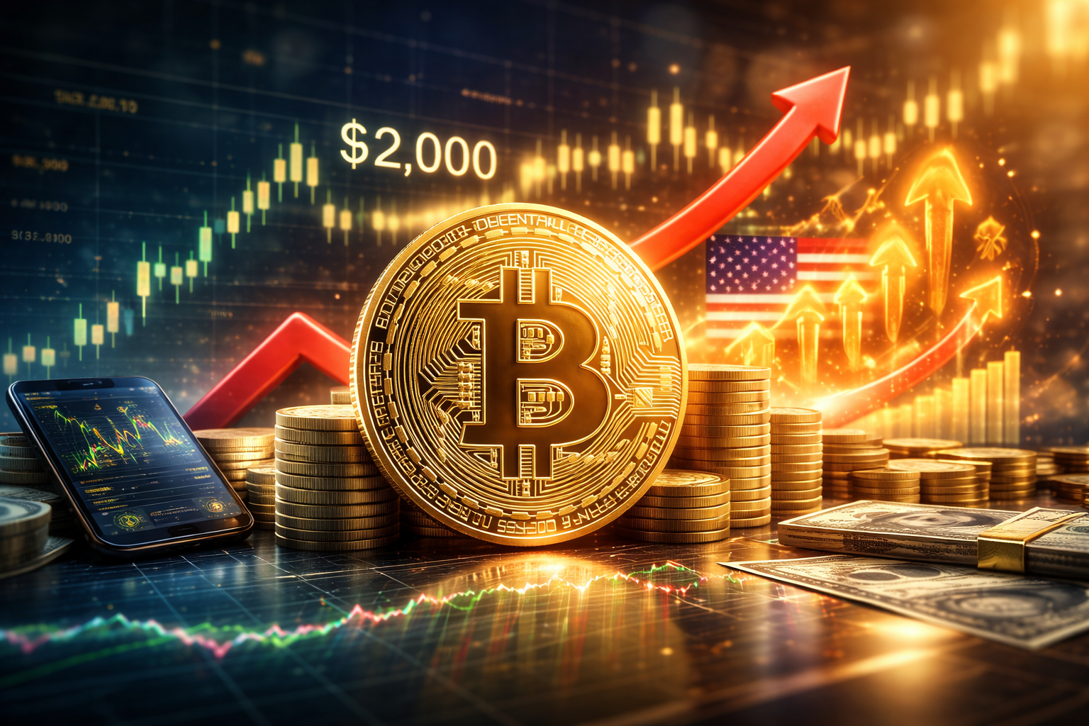 A large gold Bitcoin coin surrounded by stacks of coins and trading screens, with rising market chart graphics and a U.S. flag in the background.