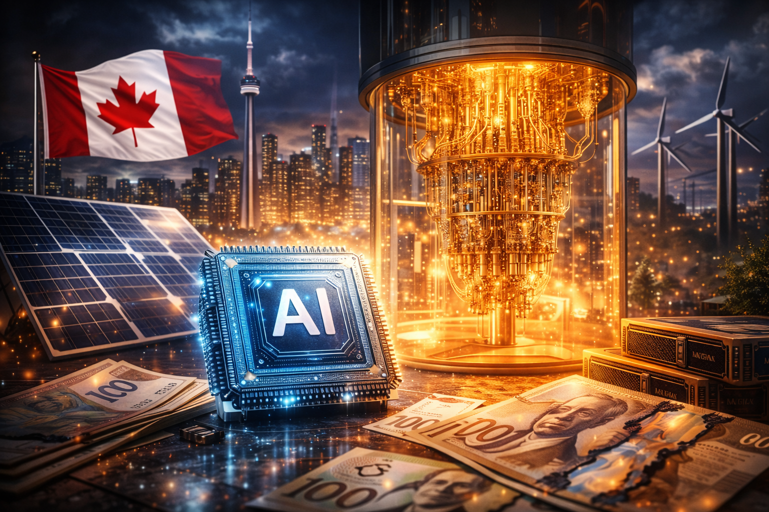 A glowing quantum computer chamber and an illuminated AI chip in the foreground beside Canadian banknotes, with solar panels, wind turbines, and the Toronto skyline including the CN Tower in the background.