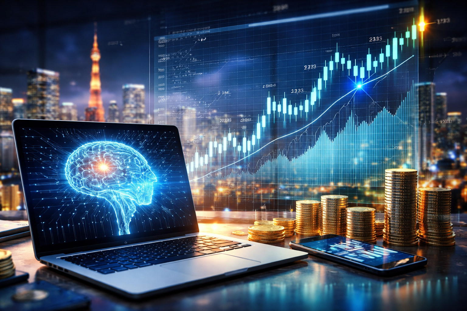 Photorealistic scene of a laptop showing a glowing AI brain graphic beside stacks of coins, with a rising candlestick stock chart over a city skyline at dusk.