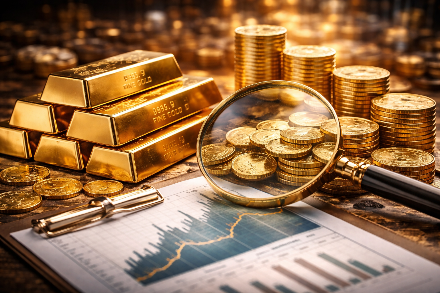 Photorealistic close-up of stacked gold bars and piles of gold coins with a magnifying glass over the coins, set above a paper chart with an upward-trending line and a gold pen.