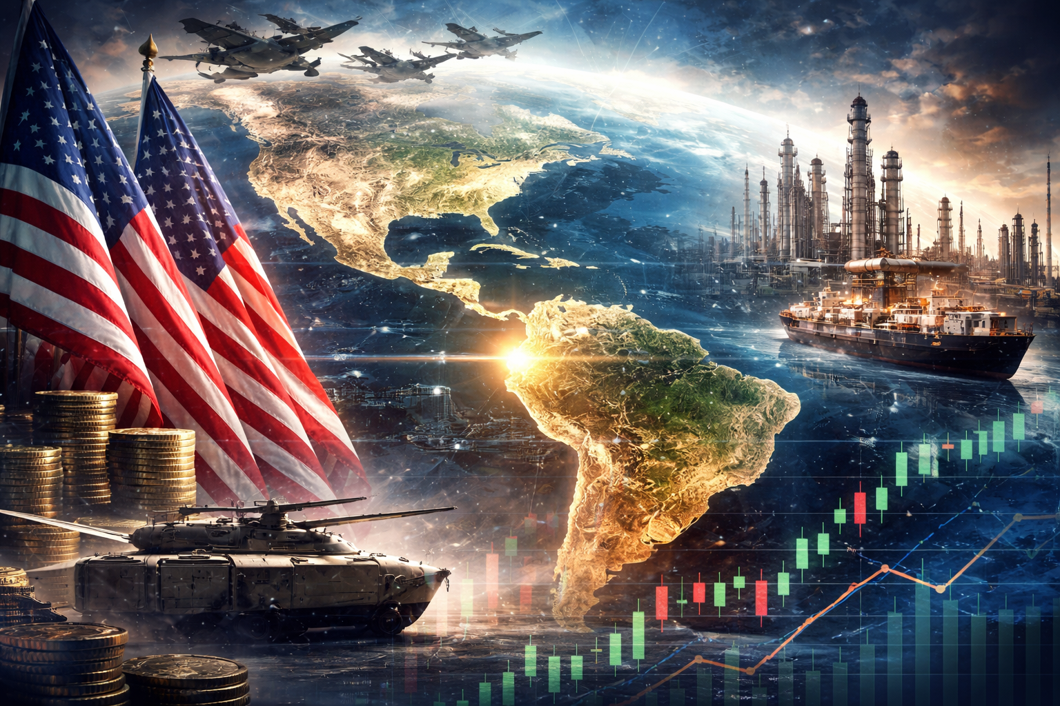 Photorealistic composite showing the Americas from space with U.S. flags, military aircraft and armored vehicle, an oil refinery and tanker ship, stacks of coins, and an upward candlestick chart—symbolizing geopolitics shaping 2026 markets.