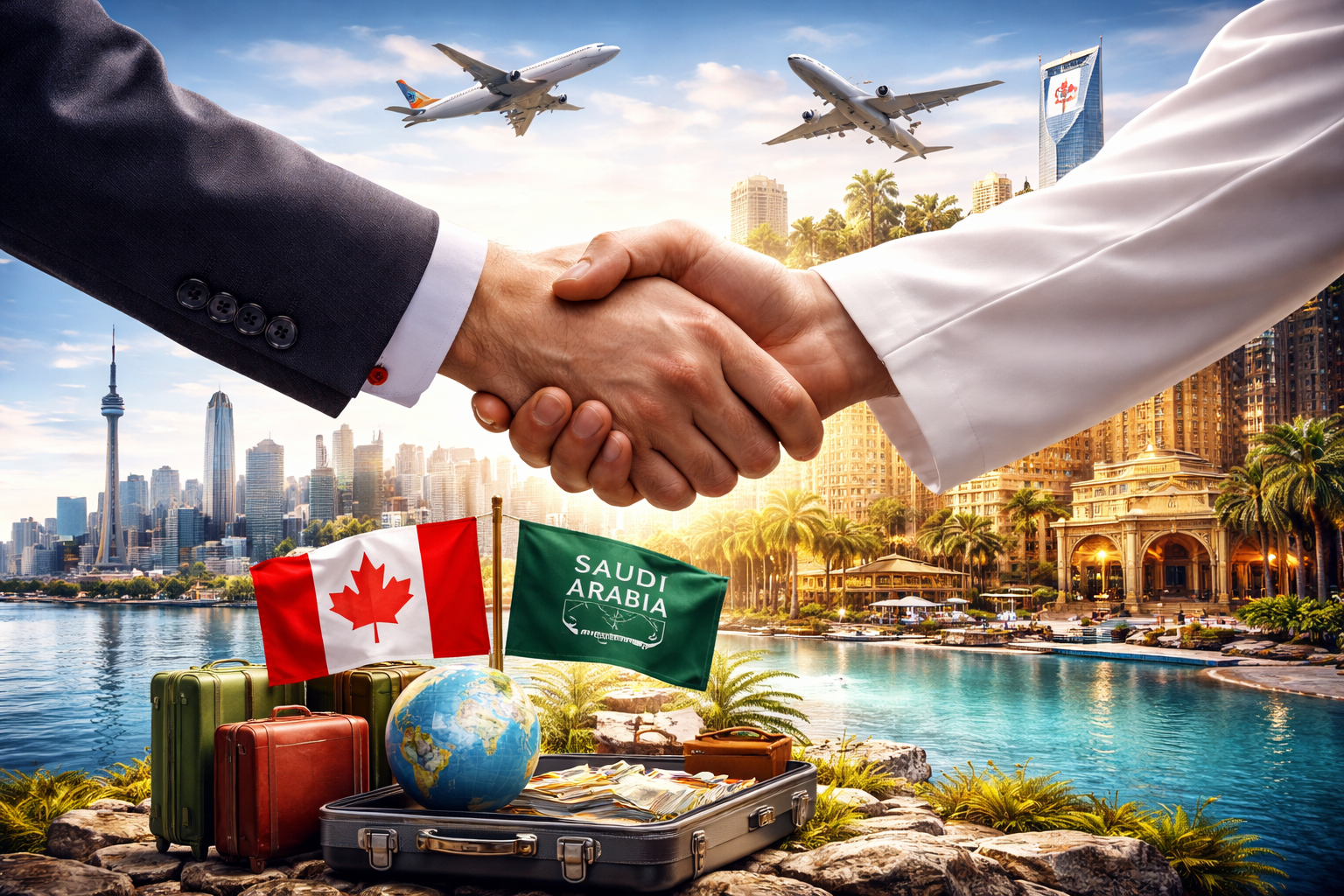 Photorealistic image of a handshake between a person in a dark business suit and another in a white thobe, with airplanes overhead and blended city skylines suggesting Canada and Saudi Arabia, plus travel items like luggage and a globe in the foreground.