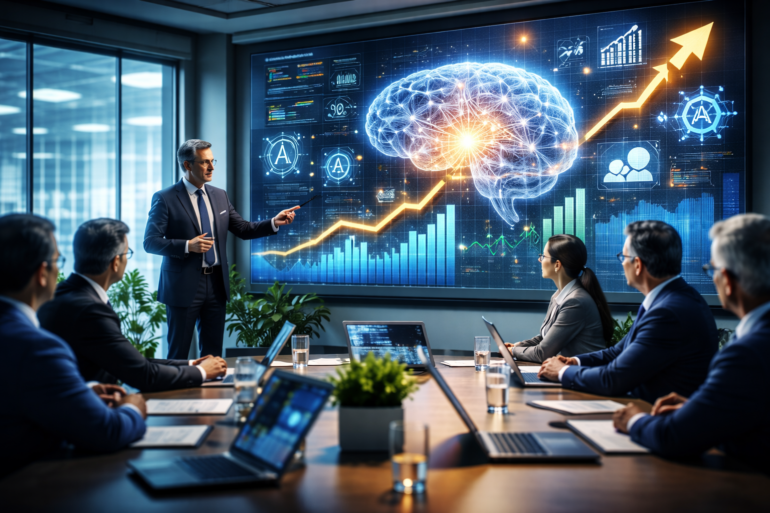 Photorealistic boardroom scene with a CEO presenting to executives as a large AI-themed display shows abstract neural-network visuals and upward-trending charts, with no readable text.