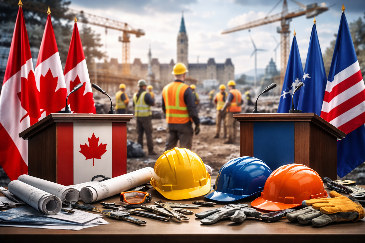 Two podiums with microphones and Canadian and European Union flags stand in front of an active construction site with workers in safety vests, cranes, and hard hats on a table in the foreground.