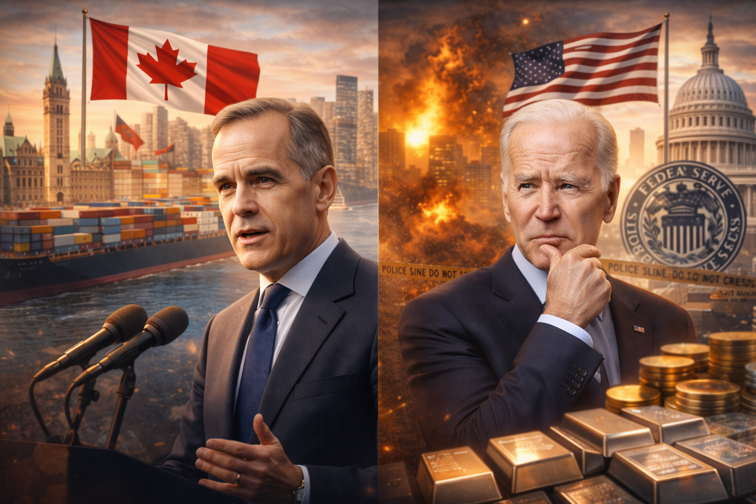 Photorealistic split image showing Canadian Prime Minister Mark Carney speaking at microphones with a port and Canadian flag behind him on the left, and U.S. President Joe Biden on the right with the U.S. Capitol, U.S. flag, and a tense, smoky backdrop suggesting geopolitical and policy pressure.