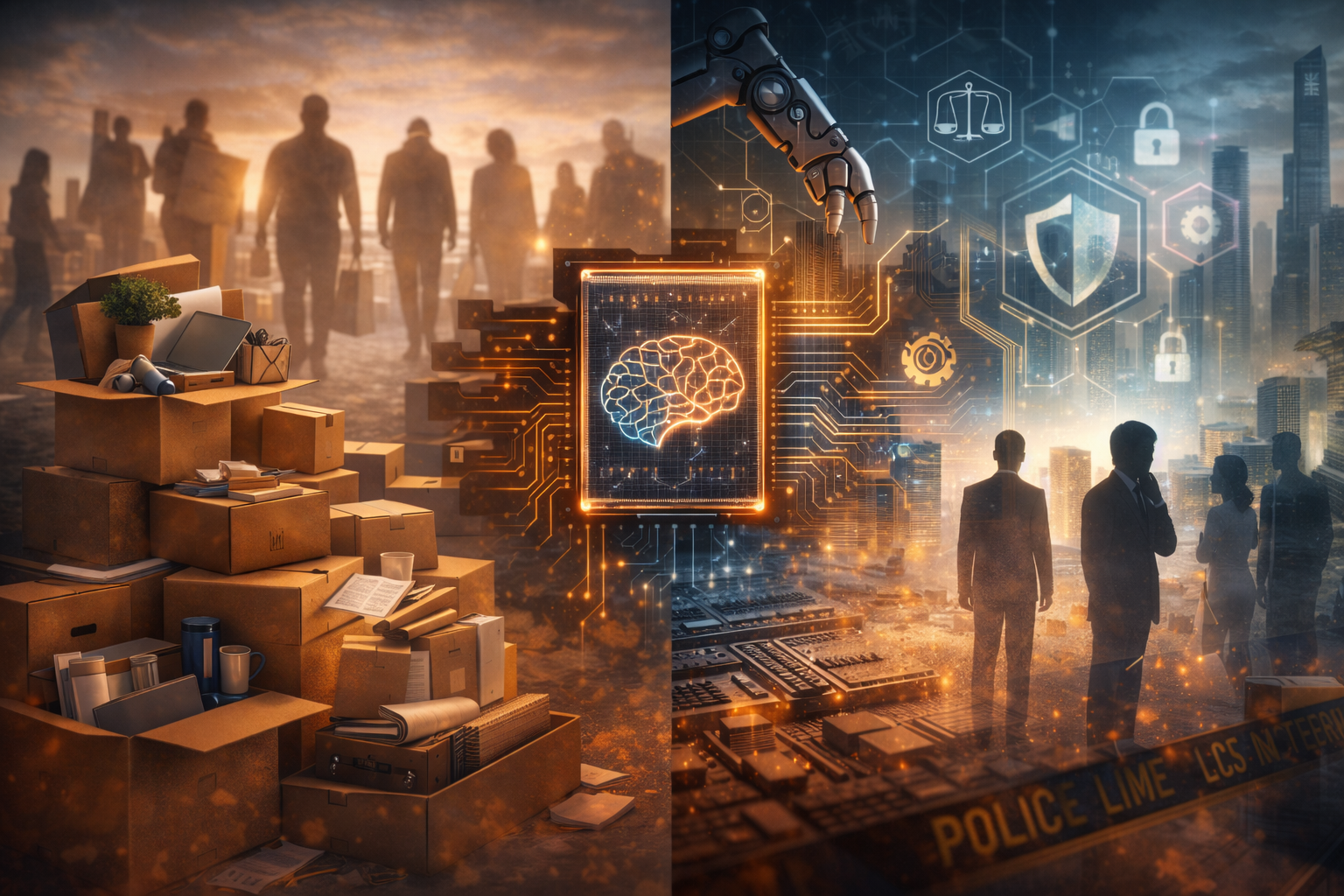 Photorealistic triptych showing stacked moving boxes and blurred departing office workers on the left, a glowing AI chip and circuitry in the center, and silhouetted executives facing holographic compliance and security icons against a modern city skyline on the right.