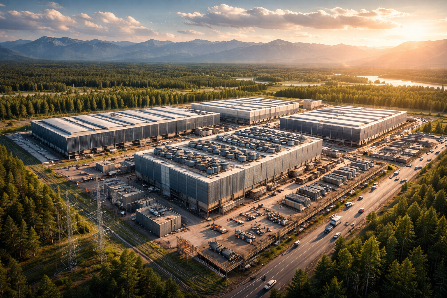Aerial view of a large-scale data center complex under development in Alberta, surrounded by forests, roads, and power infrastructure.