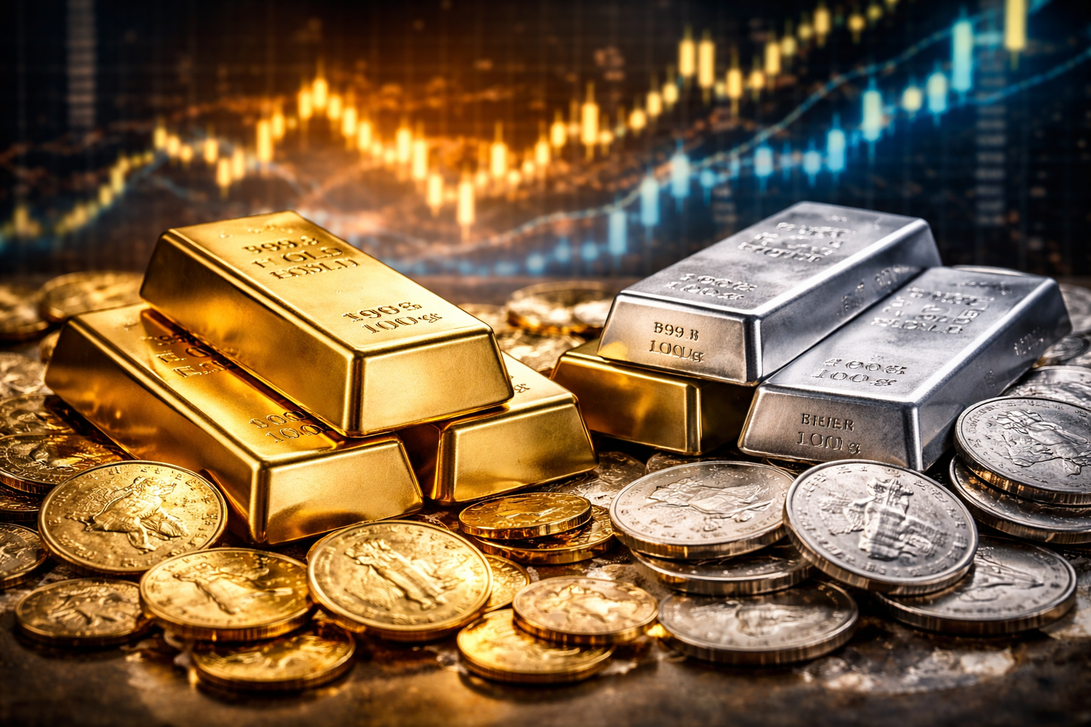 Photorealistic close-up of gold and silver bars and coins arranged as investment assets with blurred financial market charts in the background.