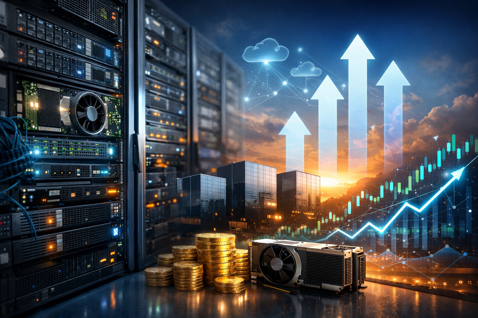 Photorealistic data center server racks with glowing status lights beside financial growth visuals, including upward trend indicators and a city skyline at sunset.